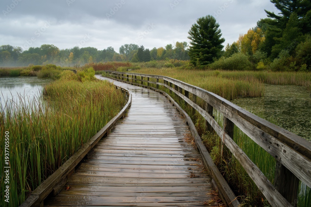 Fototapeta premium Wooden Boardwalk Winding Through Lush Wetlands Landscape