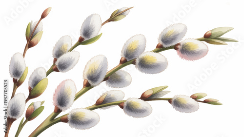 Fluffy catkins on pussy willow branches in spring symbolizing renewal and new life isolated on white background