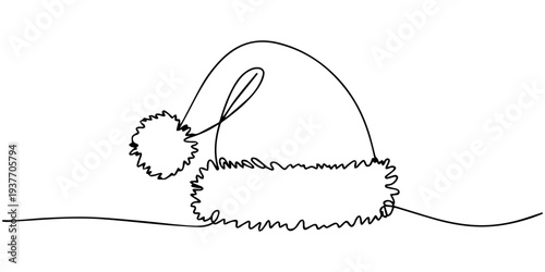 One continuous line drawing of christmas Santa Claus hat, Continuous line drawing of cap of santa. Christmas hat one line icon, vector illustration.