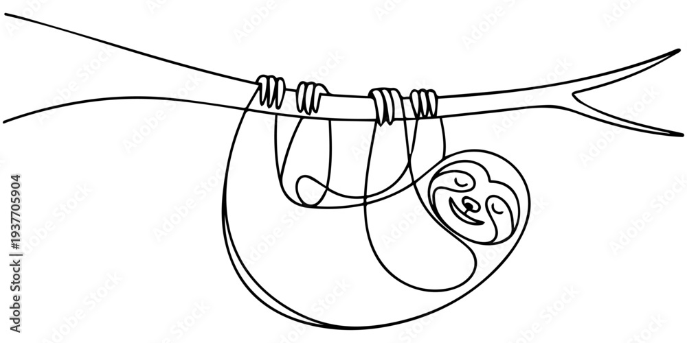 Naklejka premium One single line drawing of lovely adorable sloth sleeping at branch tree for logo identity. Cute mammal mascot concept for zoo icon.