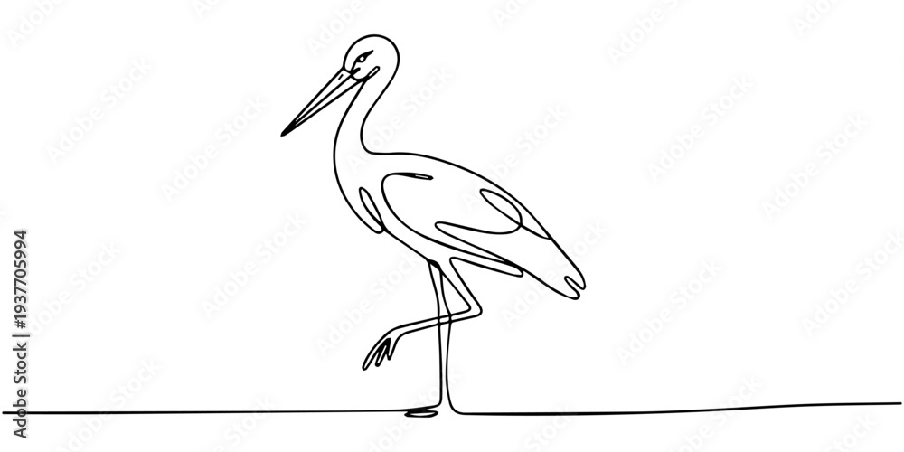 Fototapeta premium Stork flying in the sky in continuous line art drawing. Stork bird in flight black linear sketch isolated on white background. Vector illustration
