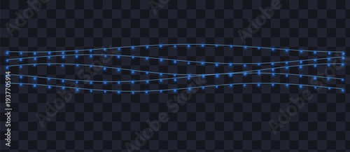 Bright blue string lights arranged in gentle curves provide sparkling illumination over a dark checkered background