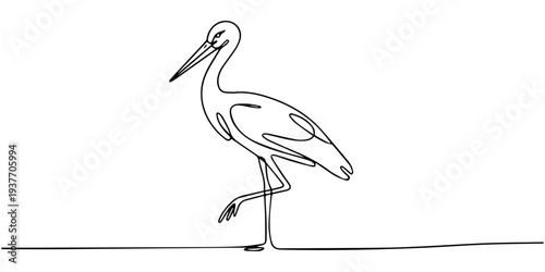 Stork flying in the sky in continuous line art drawing. Stork bird in flight black linear sketch isolated on white background. Vector illustration