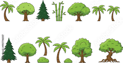 Cartoon tree and plant illustration, stylized foliage artwork, diverse nature drawing, creative forest design, botanical art, playful landscape vegetation scene