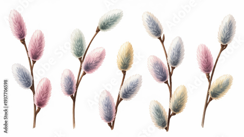 Soft pastel colored pussywillows on brown stems with white background spring floral arrangement