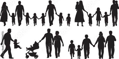 Family Walking Silhouette Collection, Lifestyle People Vector Pack.