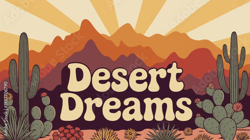 Vibrant desert landscape with cacti and mountains at sunset desert dreams scenery