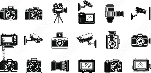 Camera and surveillance line icons set, photography equipment, security camera, video recorder, lens, photography technology vector illustration