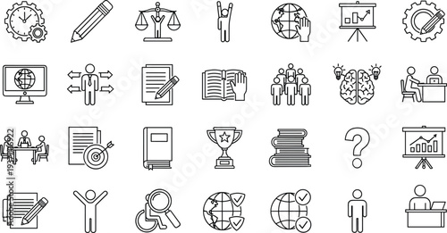 Education and business line icons set, learning, teamwork, strategy, research, training, knowledge management vector illustration collection