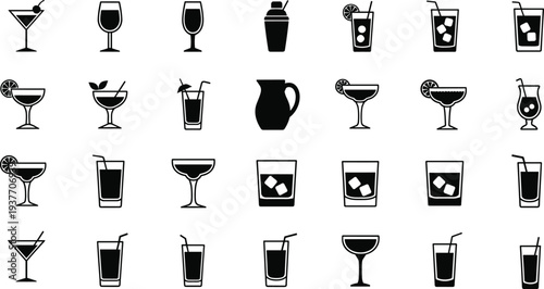Cocktail and drink icons set, beverage glasses collection, martini, margarita, juice, alcohol drinks vector bar menu illustration