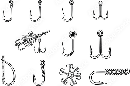 Fishing hooks icons set, angling hooks collection, fish tackle equipment, treble hook, bait hook, fishing gear vector illustration