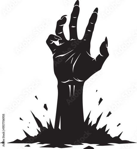 Black silhouette illustration of a dramatic human hand and arm emerging from the ground with flying debris, symbolizing horror, resurrection, escape, and supernatural Halloween concept art.