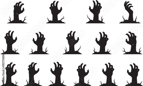 Black silhouette illustration grid of fifteen eerie hands emerging from the ground in diverse poses, symbolizing horror, Halloween, undead, spooky atmosphere, and supernatural concept art.