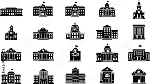 government, building, city, hall, courthouse, police, station, school, church, architecture, landmark, silhouette, icon, set, vector, collection, civic, institution, municipal, illustration
