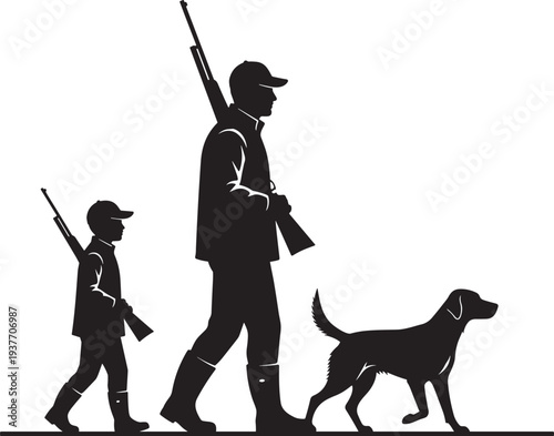 Black silhouette illustration of adult and child hunters walking with rifles and dog companion, wearing caps and boots, traditional outdoor hunting family artwork design scene