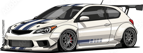 A high-performance white sports car with blue stripes and a spoiler, viewed from the side on a plain background