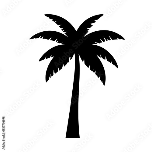 Black palm tree silhouette isolated on transparent background. Tropical coconut tree icon perfect for summer themes, beach designs, travel graphics, resort branding, and island illustrations.