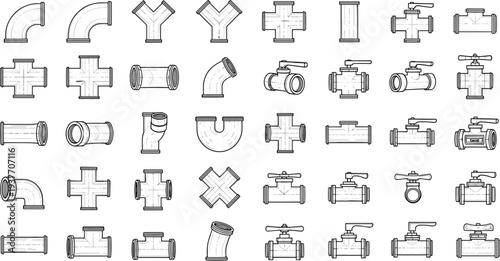 Pipe fittings line icons set, plumbing connectors, industrial pipeline valves, pipe joints collection, plumbing equipment outline vector illustration