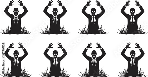Black silhouette illustration of zombies in suits rising from graveyard ground, skeletal faces, raised arms, spooky symmetrical grid artwork for Halloween horror design themes