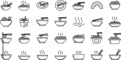 ramen, noodle, bowl, line, icon, set, chopsticks, soup, asian, food, outline, vector, collection, restaurant, cuisine, minimal, design, illustration, isolated, pack