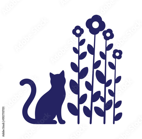 blue silhouette of a cat sitting next to flowers and leaves on white background