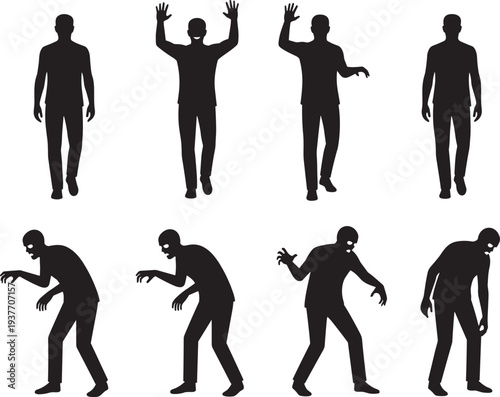 Black silhouette illustration sequence showing transformation from human figures into zombie forms, symbolizing metamorphosis, horror, Halloween, undead creatures, and eerie supernatural 