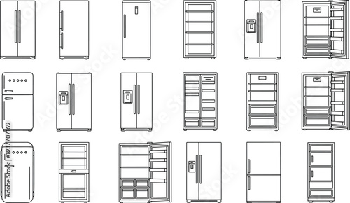 Refrigerator line icons set, fridge appliance collection, kitchen cooling equipment, modern refrigerator outline vector illustration, household appliance symbols