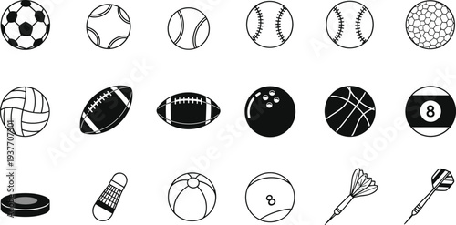 Sports balls icons set, soccer basketball baseball volleyball bowling billiard dart shuttlecock puck vector sports equipment collection