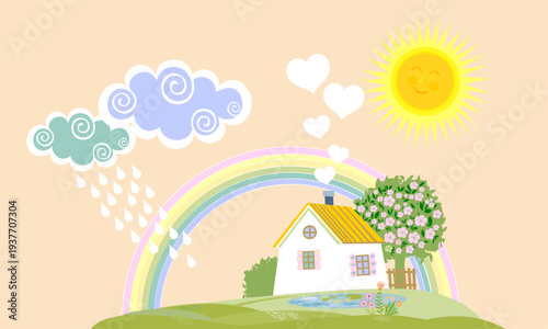 Summer village landscape with house, fields, trees, Cumulonimbus clouds,  sky with clouds. Cute rural landscape. Orchard. Fruit garden. Summer landscape with rainbow. Vector illustration.