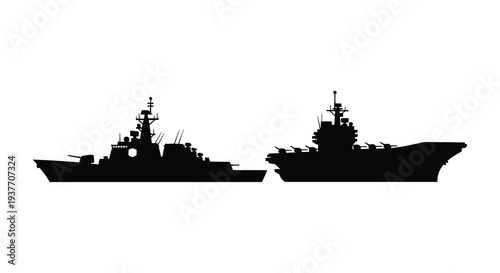A striking black silhouette depicts two naval warships facing each other conveying strength and power silhouette high quality