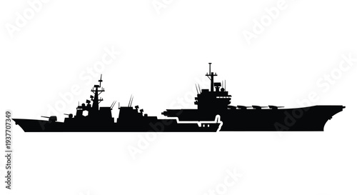 A striking black silhouette depicts a large naval warship with multiple structures and details silhouette high quality professional