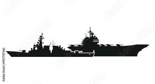 A stark black silhouette of a large naval vessel showcasing intricate details and form silhouette high quality professional