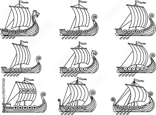 viking, ship, drakkar, longship, nordic, boat, sailing, medieval, history, warrior, line, icon, set, outline, vector, collection, illustration, scandinavian, ancient, vessel