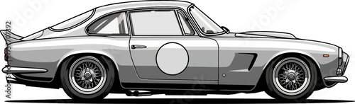 Vintage sports car illustration viewed from the side showcasing its sleek design and classic features in a profile illustration
