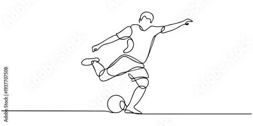 Continuous line drawing of a soccer player kicking a ball vector