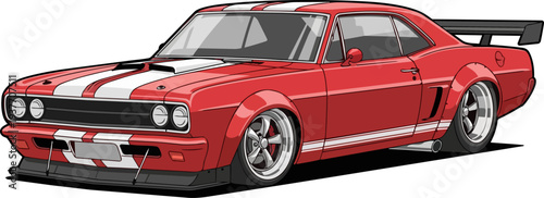 Red sports car illustration with white stripes on a plain background viewed from the front side