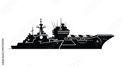 A stark black silhouette depicts a modern naval warship at sea showcasing its powerful form silhouette high quality