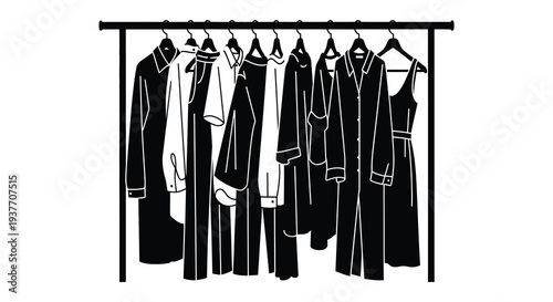 A minimalist depiction of clothing hanging on a rack showcasing varying styles and forms silhouette high quality professional