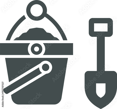 Black silhouette of sand bucket and shovel representing beach toys, children’s play, summer vacation, outdoor fun, seaside recreation, and sandbox illustration concept.