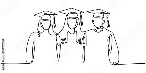Continuous line drawing of three graduates vector