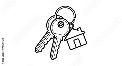 A collection of keys including a house shaped key displayed in a stark black outline silhouette high quality professional