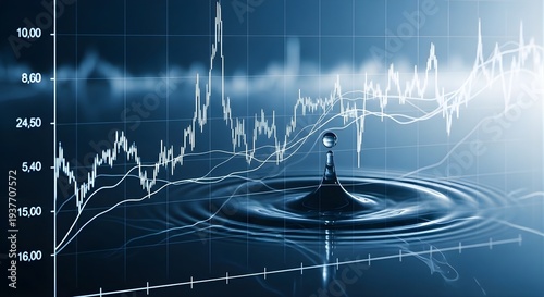 Water drop creating ripples on surface with overlay of financial graphs representing concept of liquidity investment economic stability and market analysis