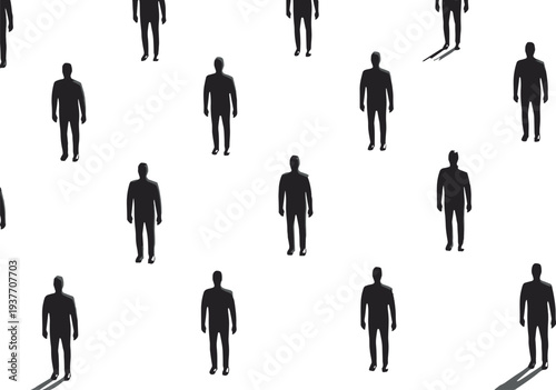 Black silhouettes of human figures arranged in grid formation with varying shadows, symbolizing perspective, lighting variation, individuality, and abstract visual perception in modern design.