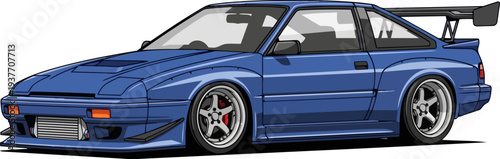 A blue sports car with a large rear wing is viewed from the side, isolated on a plain background.