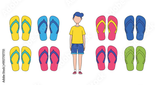 Flip Flop Sandal Set With Young Boy Character Flat Illustration