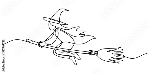 continuous one line drawing Vector illustration of a witch flying on a broomstick