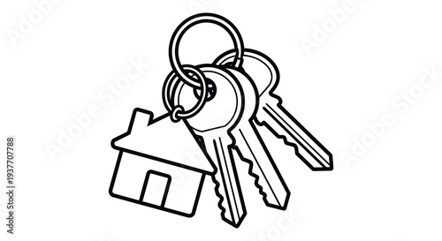 A striking black and white illustration depicts a bundle of keys including a house shaped key silhouette high quality professional detailed