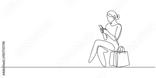 continuous one line drawing Vector illustration of woman sitting with shopping bags and phone