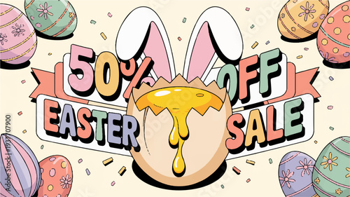 Easter sale banner with 50 off discount and chocolate bunny ears surrounded by colorful eggs on beige background