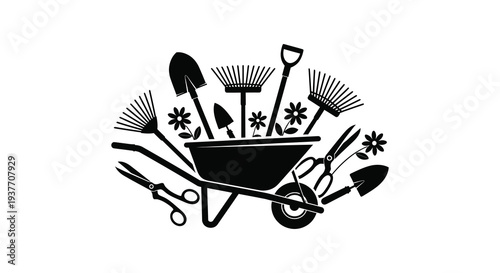 A striking black silhouette displays various gardening tools arranged within a wheelbarrow silhouette high quality professional detailed modern